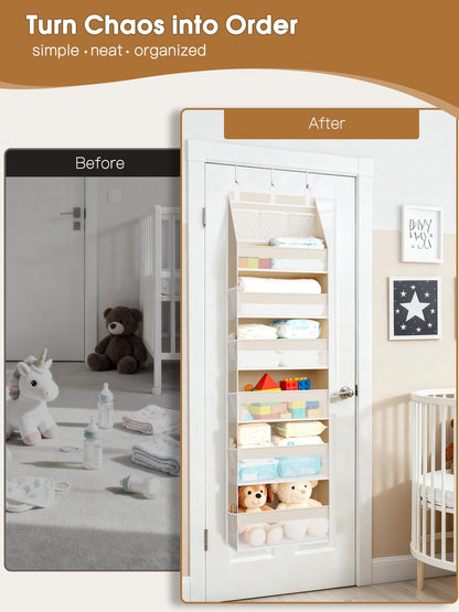 Criusia Over the Door Organizer, Heavy-Duty 6-Shelf Hanging Storage with 13 Mesh Pockets, 55lbs Capacity Behind the Door Storage for Nursery, Bathroom, Bedroom, and Dorm, White