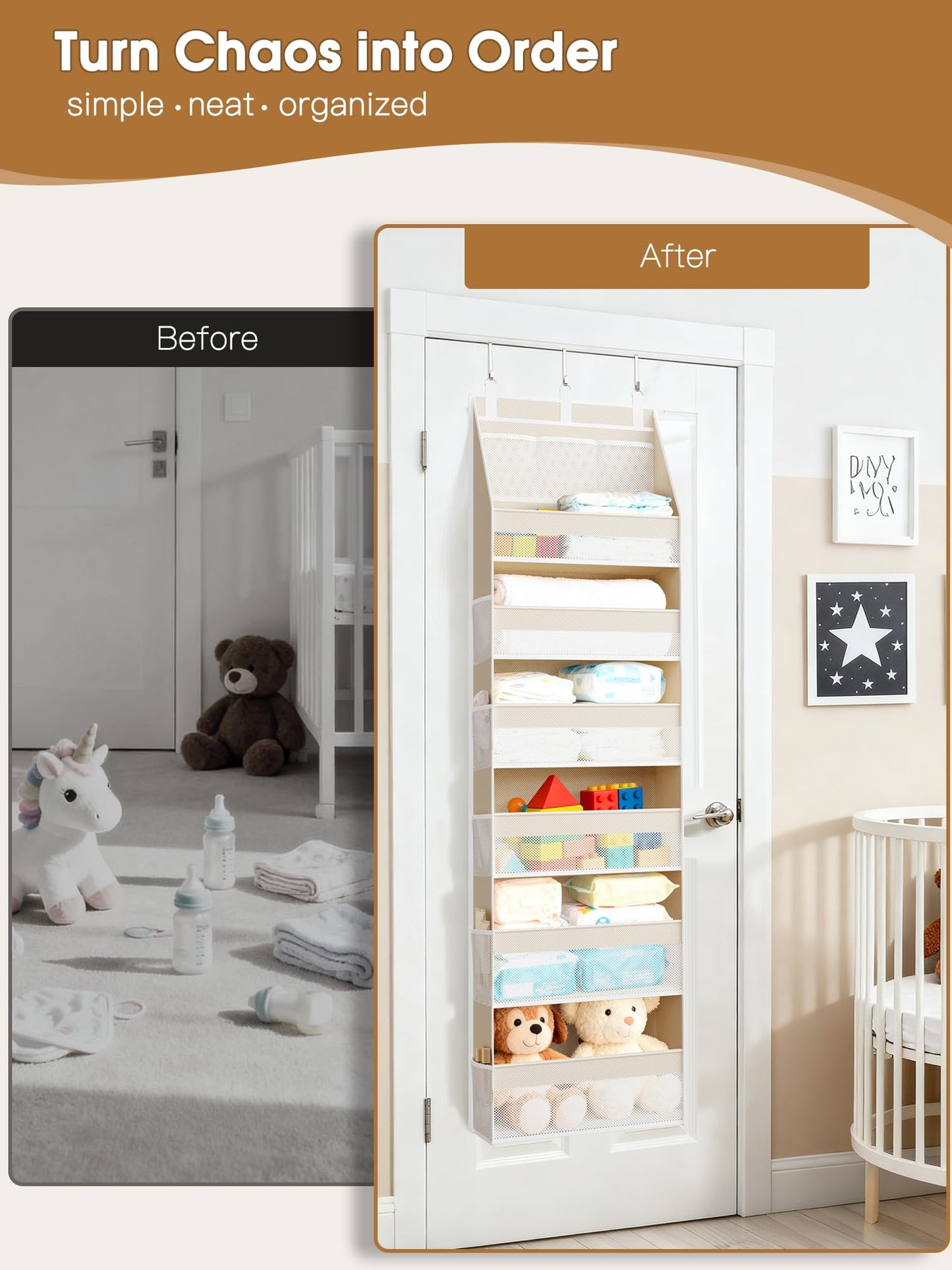 Criusia Over the Door Organizer, Heavy-Duty 6-Shelf Hanging Storage with 13 Mesh Pockets, 55lbs Capacity Behind the Door Storage for Nursery, Bathroom, Bedroom, and Dorm, White