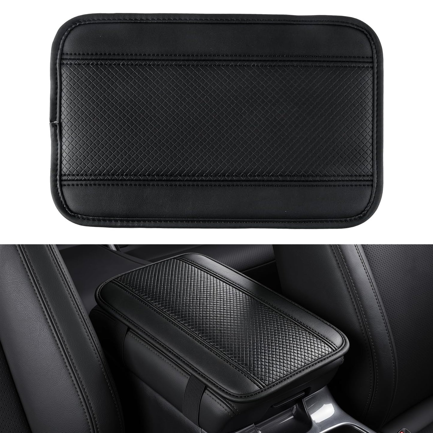 Amiss Car Center Console Cover, Upgraded Leather Car Armrest Cushion with 2 Storage Pockets, Universal Waterproof Cushion Pad, Non-Slip Car Interior Accessories, Fits Most Sedans SUVs Trucks (Black)