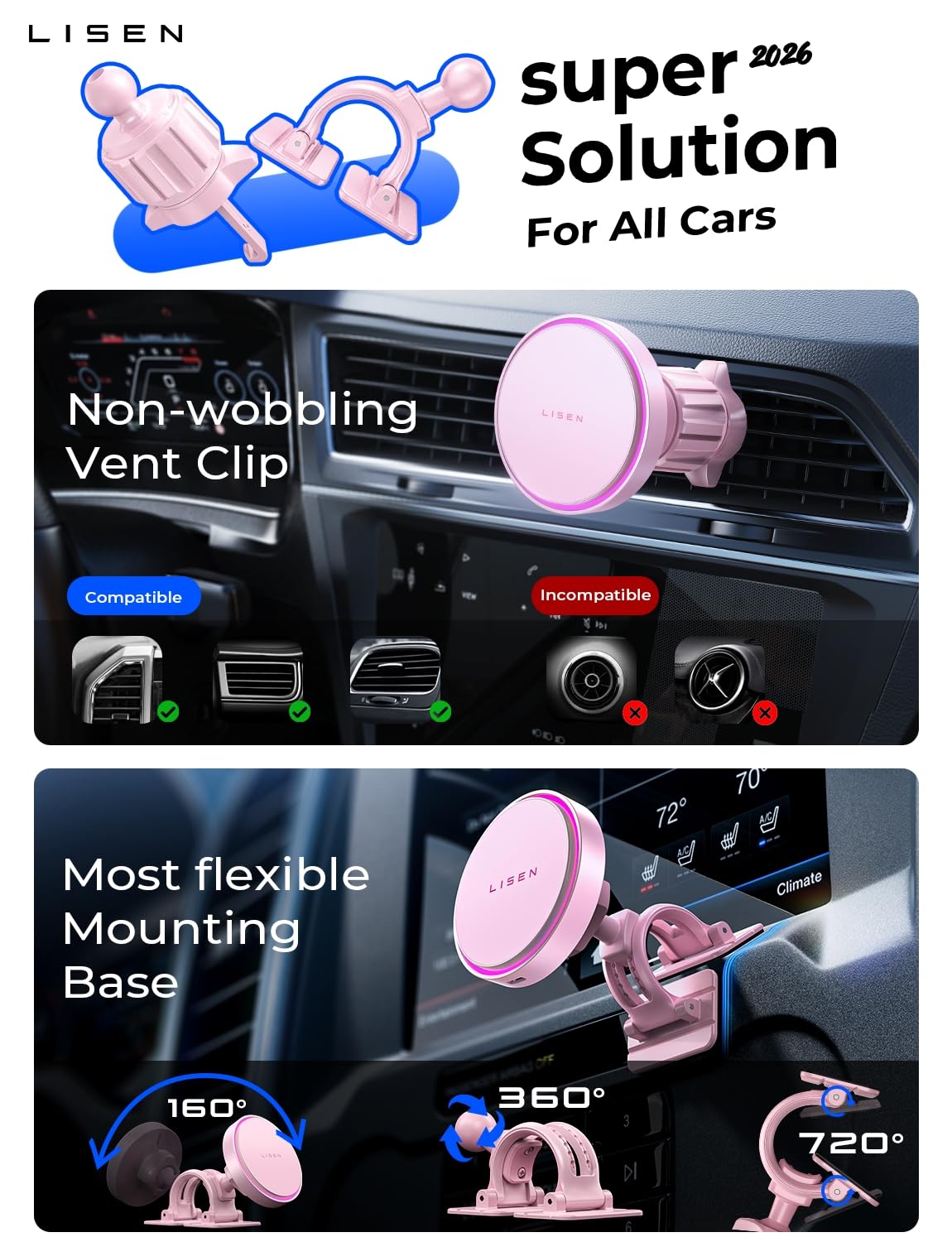 LISEN 15W MagSafe Car Mount Charger, Magnetic Phone Holders for Your Car