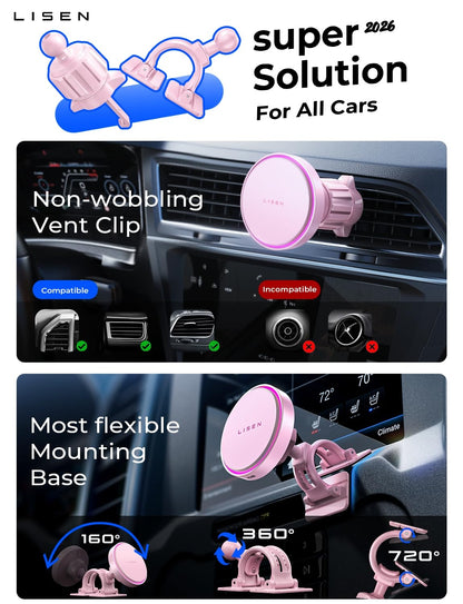 LISEN 15W MagSafe Car Mount Charger, Magnetic Phone Holders for Your Car