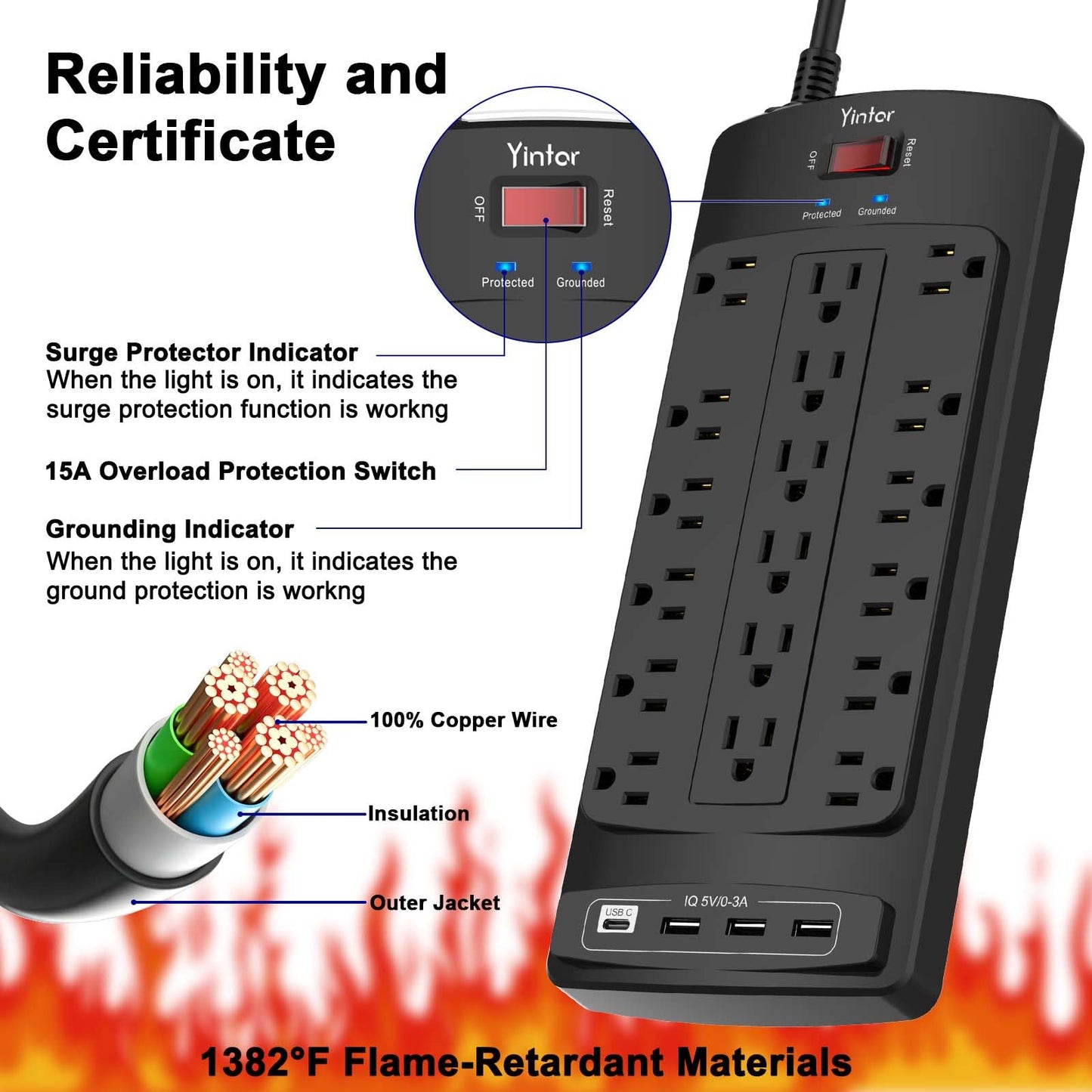 Yintar 6Ft Surge Protector Power Strip with 8 Outlets and 4 USB Ports