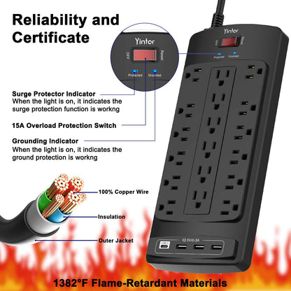 Yintar 6Ft Surge Protector Power Strip with 8 Outlets and 4 USB Ports