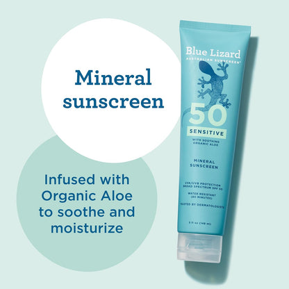 Blue Lizard Sensitive Mineral SPF 50 Sunscreen Lotion, 100% Mineral Sunscreen, UVA/UVB Protection, Infused with organic Aloe Vera, Soothes and Hydrates, 5 fl oz