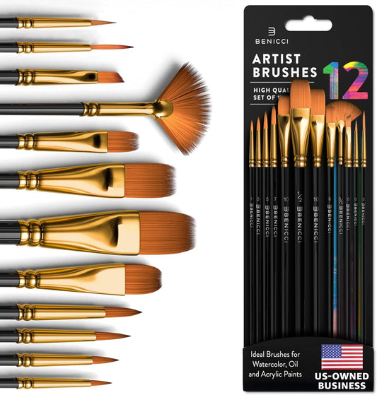 Professional Artist Paint Brush Set of 12 - Painting Brushes Kit for Kids, Adults Fabulous for Canvas, Watercolor & Fabric - for Beginners and Professionals - Great for Water, Oil or Acrylic Painting