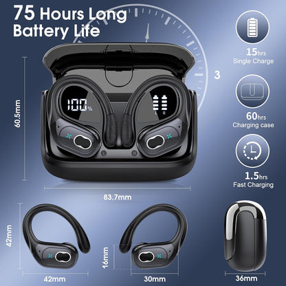 Wireless Earbuds 75H Bluetooth 5.4 Sport Headphones with Earhooks, Black