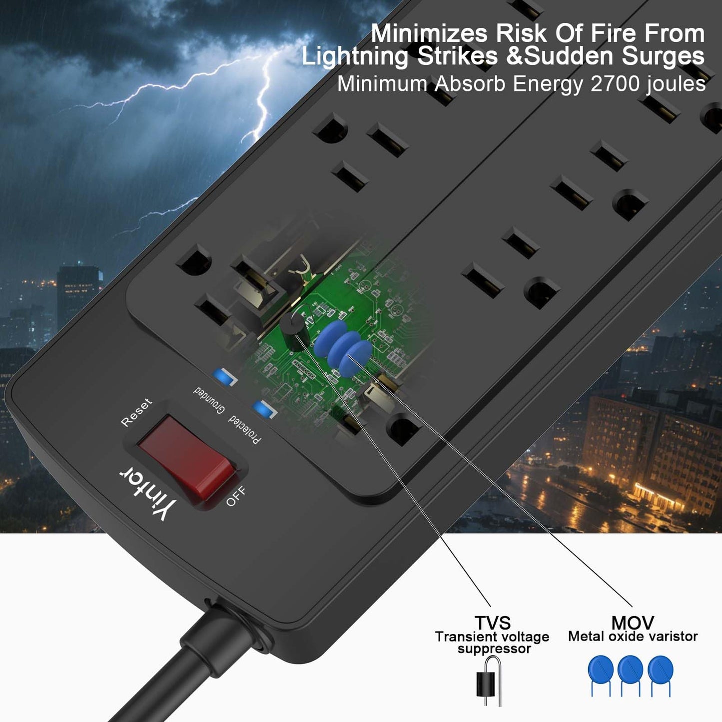Yintar 6Ft Surge Protector Power Strip with 8 Outlets and 4 USB Ports