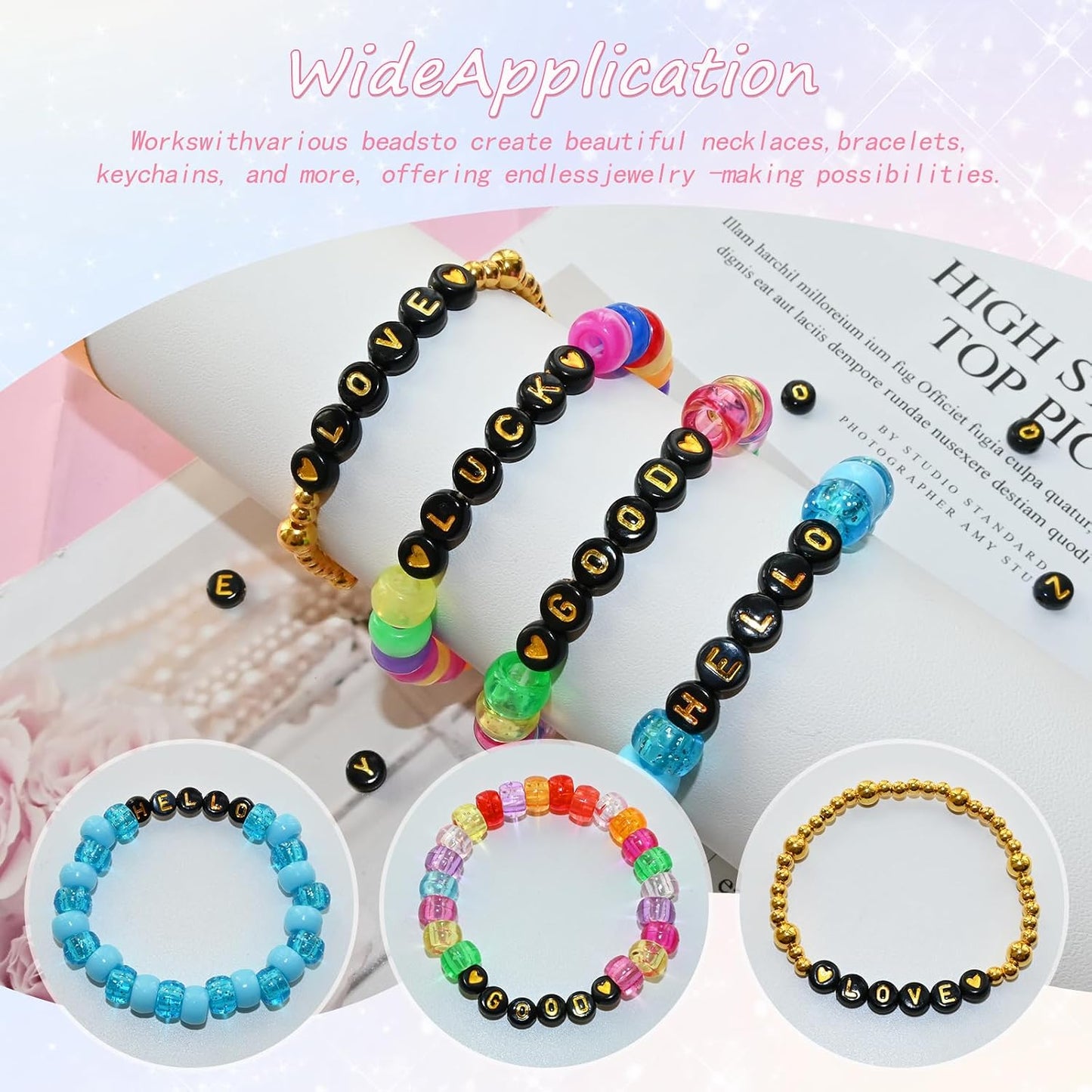 Looconi 810pcs Gold Letter Beads Square 6x6mm White Cube Acrylic Alphabet A-Z with Heart Pattern and Crystal Line for Jewelry Making