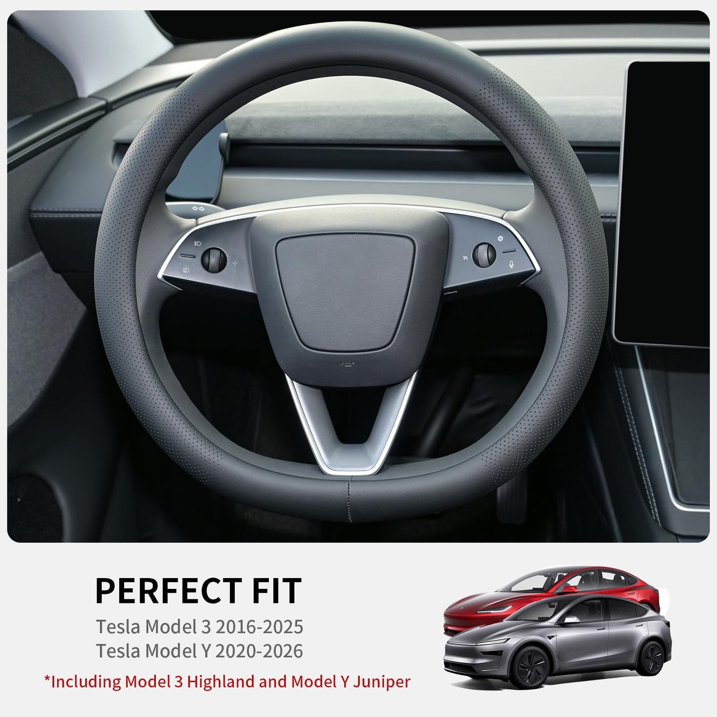 Uxcer Nappa Leather Steering Wheel Cover Compatible with Tesla Model 3/Y 2016-2025 2026 Juniper/Highland, Non-Slip Breathable Tesla Model 3/Y Steering Wheel Protector, White