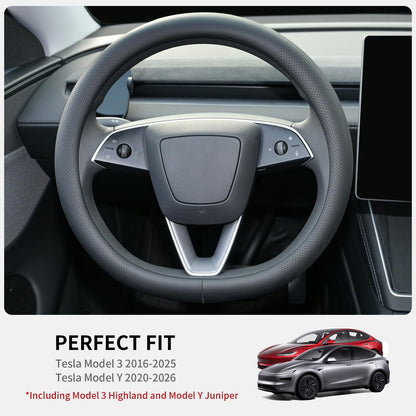 Uxcer Nappa Leather Steering Wheel Cover Compatible with Tesla Model 3/Y 2016-2025 2026 Juniper/Highland, Non-Slip Breathable Tesla Model 3/Y Steering Wheel Protector, White