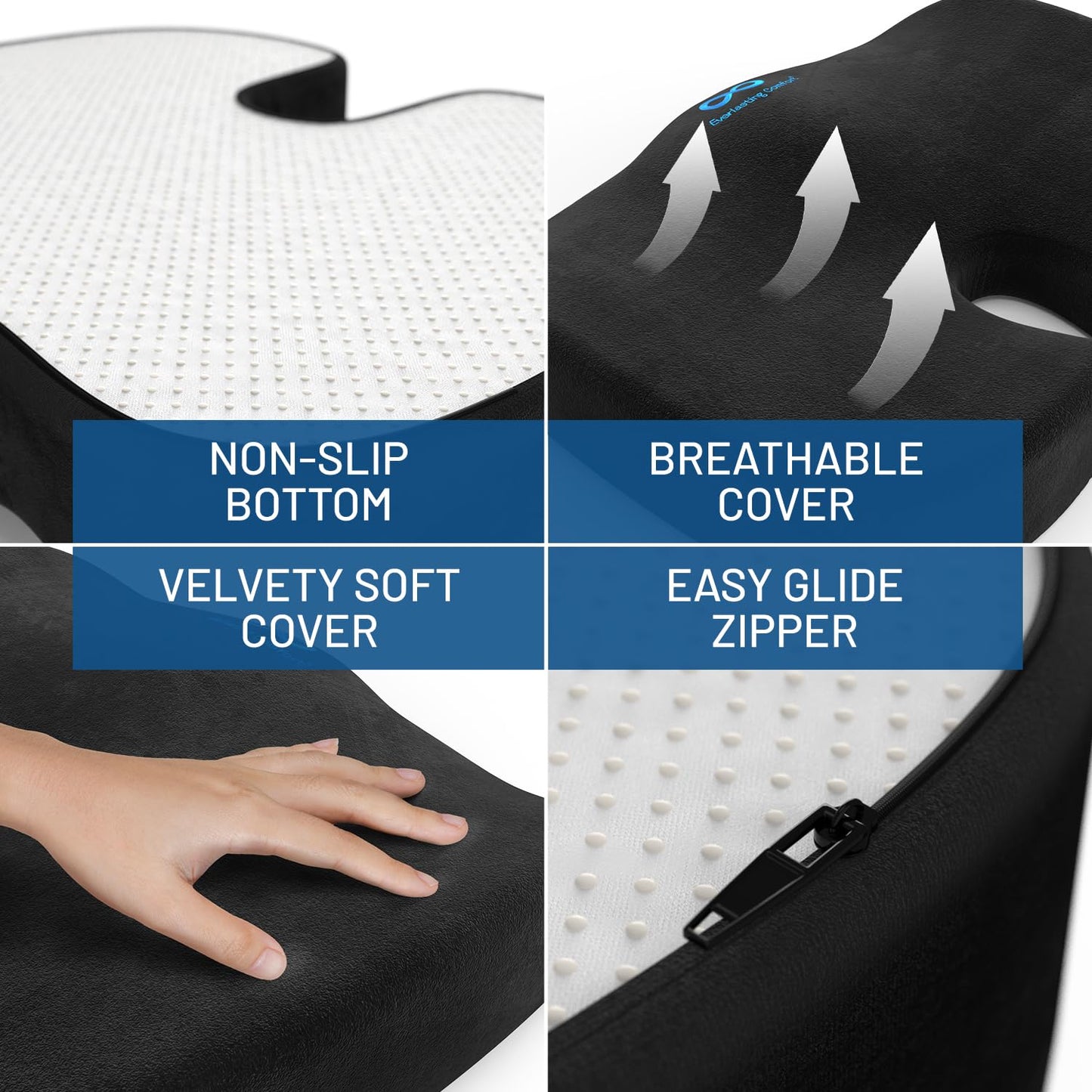 Everlasting Comfort Doctor Recommended Memory Foam Seat Cushion for Office Chairs & Car - Ergonomic Office Desk Accessories - Cushions for Tailbone Pain Relief, Sciatica (Black, Large)