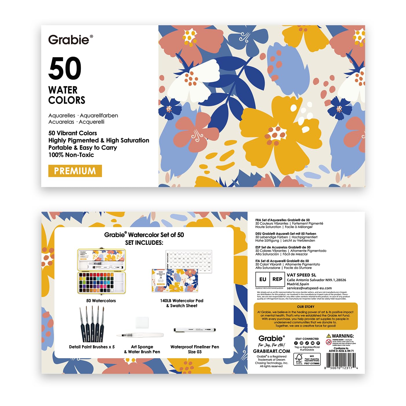 Grabie 50 Color Watercolor Paint Set with Brush Pens