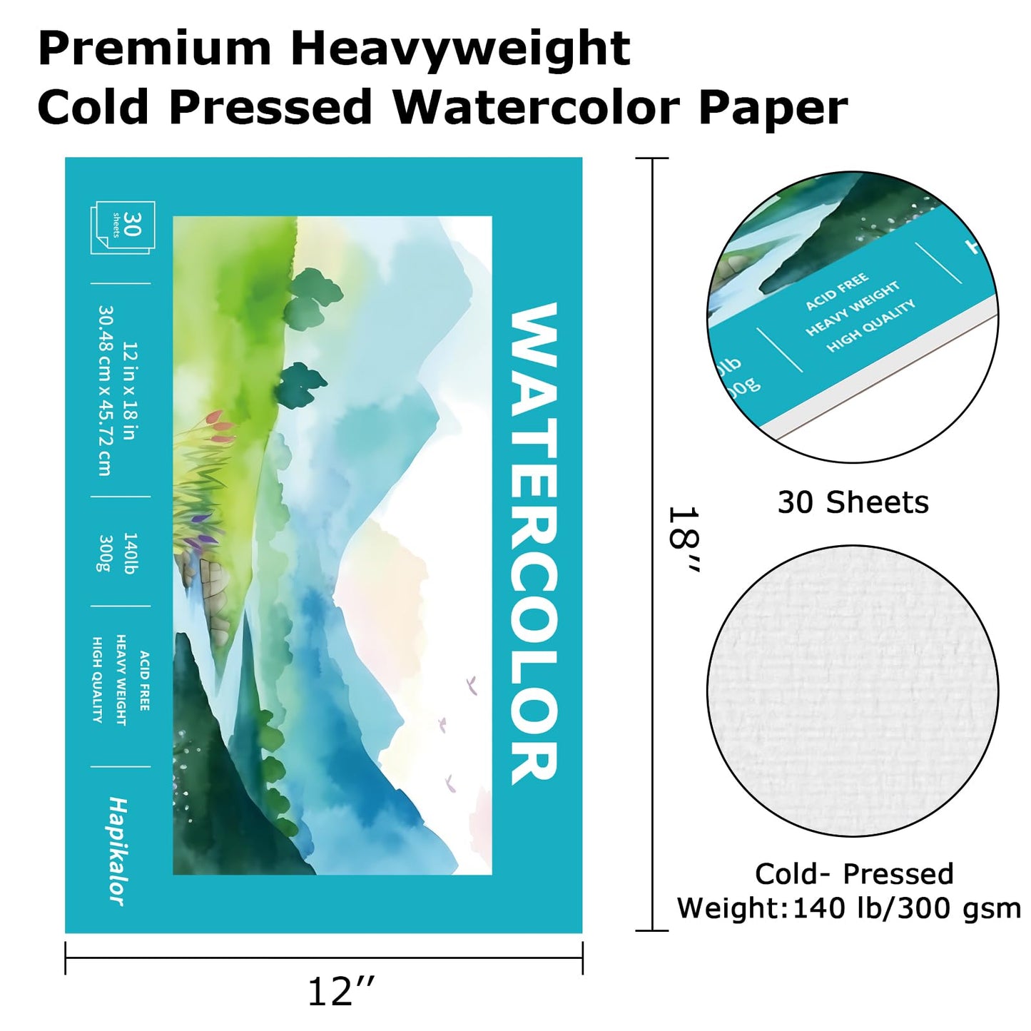 Hapikalor Watercolor Paper Pad, 9"x12" Water Color Paper, 140lb/300gsm Teal