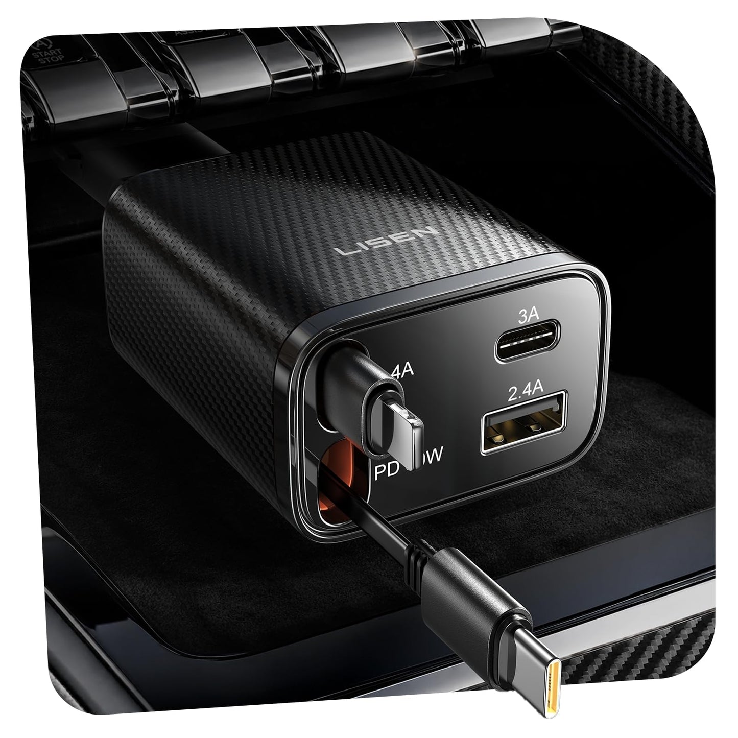 LISEN Retractable Car Charger, 84W Car Charger USB C Fast Charge, 4 in 1