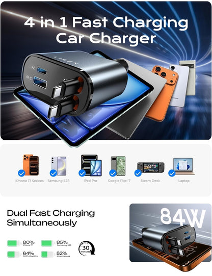 LISEN Retractable Car Charger, 84W Car Charger USB C Fast Charge, 4 in 1
