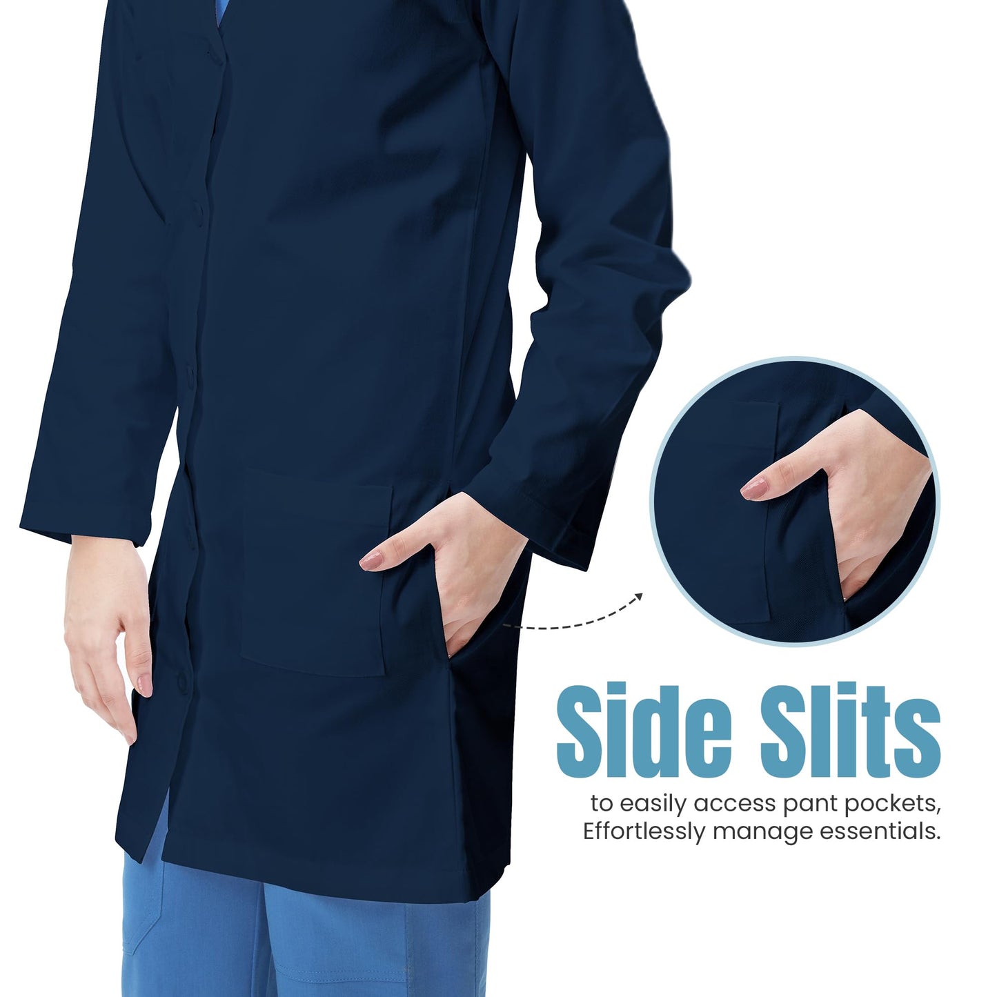 White Lab Coat for Women with Side-Slit Access and 3 Pockets for College