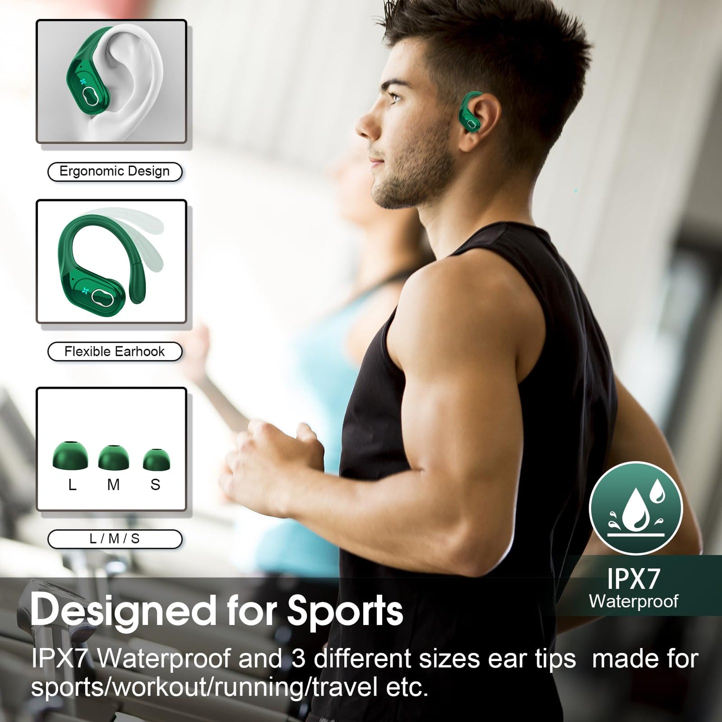 Wireless Earbuds 75H Bluetooth 5.4 Sport Headphones with Earhooks, Black