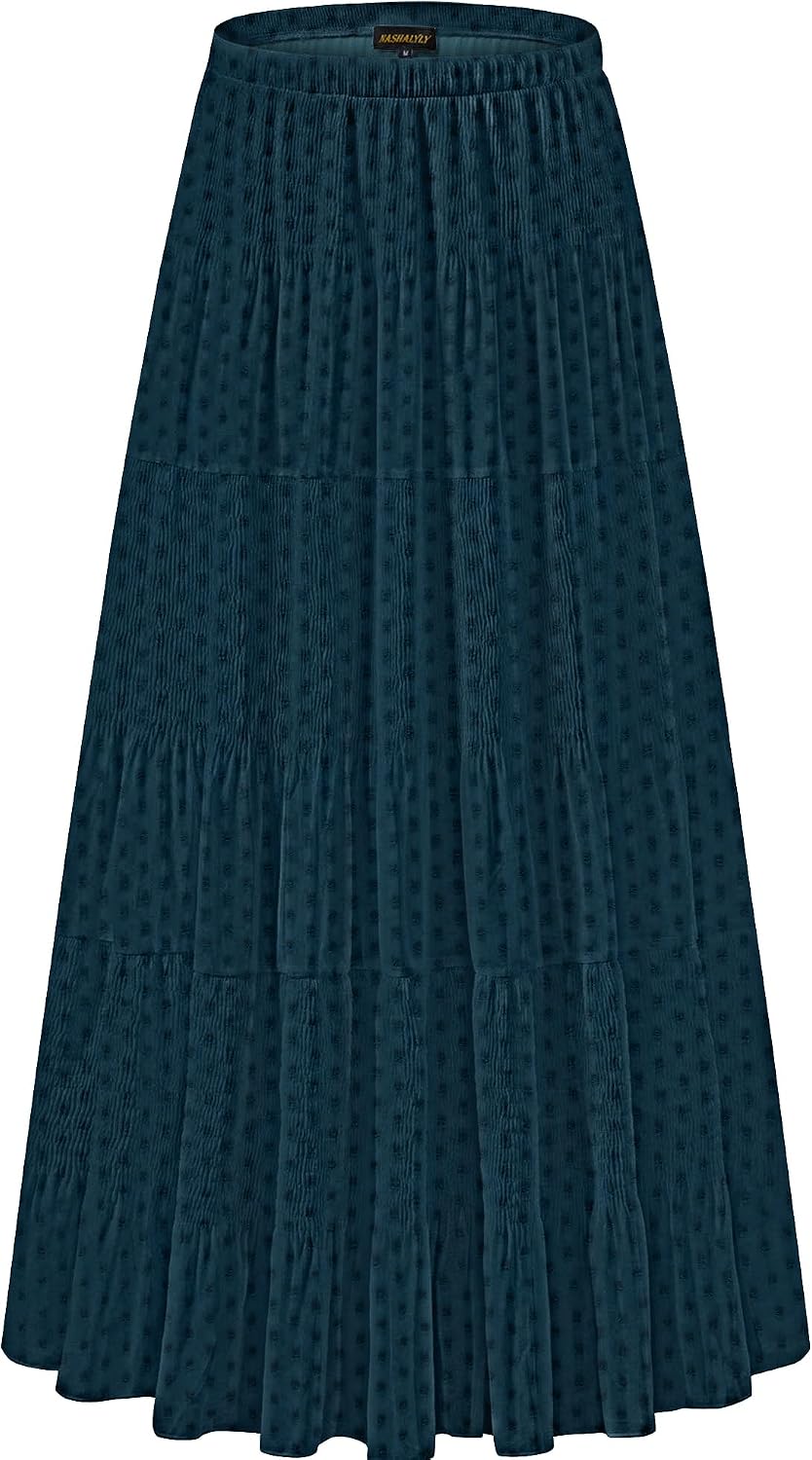 NASHALYLY Women's Chiffon Elastic High Waist Pleated A-Line Maxi Skirts