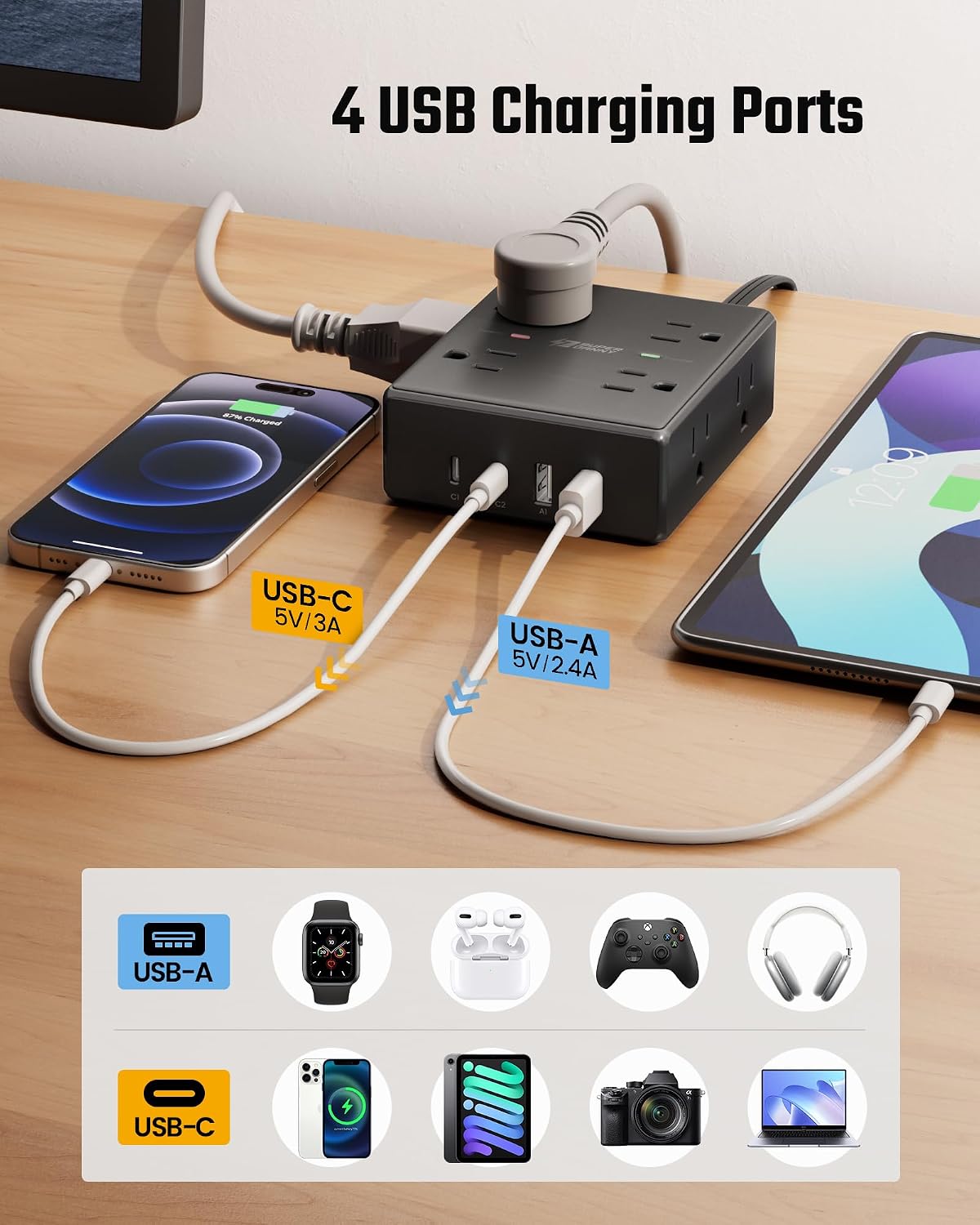 SUPERDANNY Extension Cord,Flat Plug Surge Protector Power Strip,6Ft