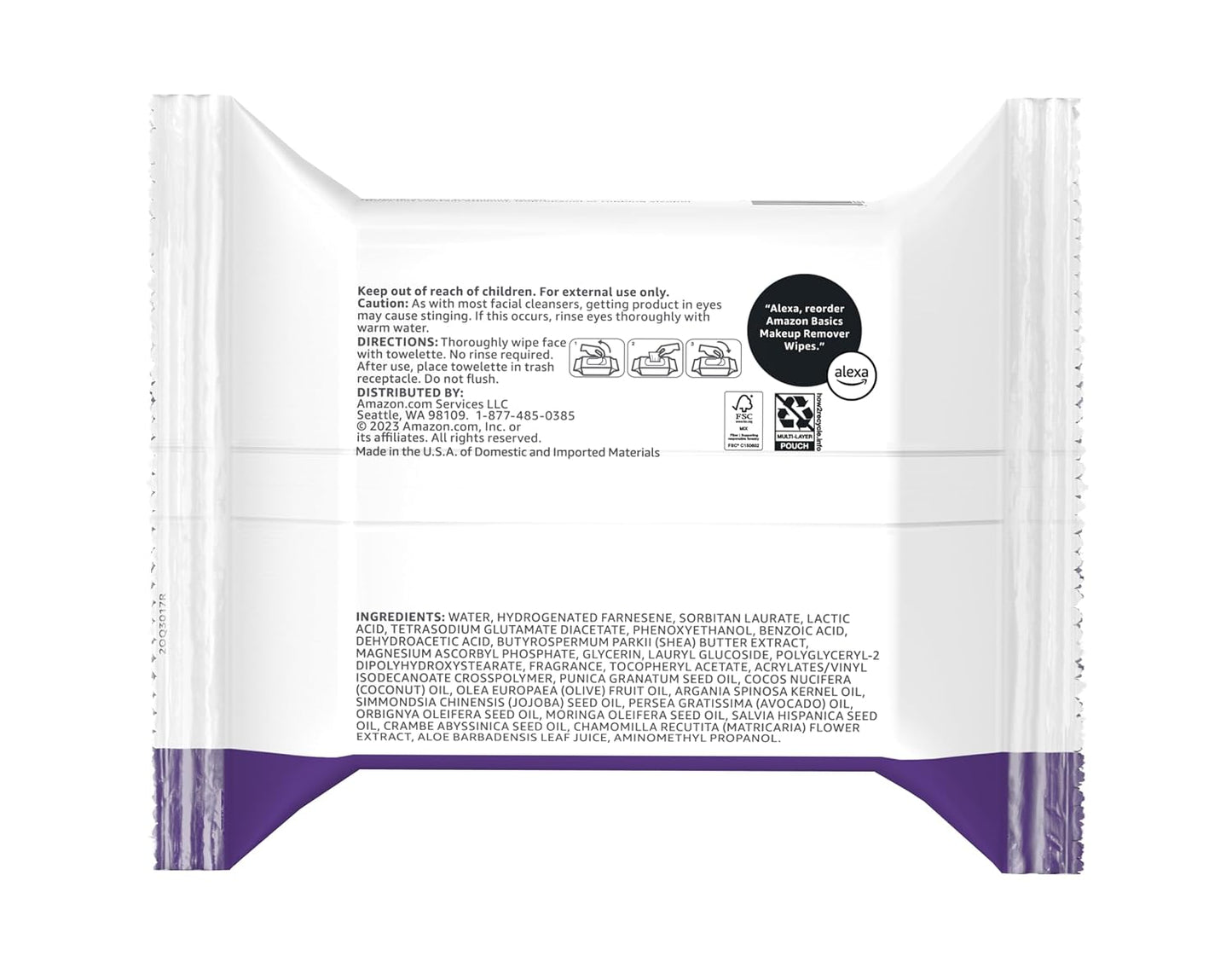 Amazon Basics Makeup Remover Wipes, Fragrance-Free, Alcohol-Free, Gentle Cleansing, Plant-Based, Dermatologist Tested, Removes Waterproof Mascara, Resealable, 25 Count, 1-Pack