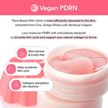 Abib PDRN Retinal Eye Patches for Rejuvenating & Puffy Eyes with Glow Jelly, Niacinamide, 60 Count, Korean Skin Care