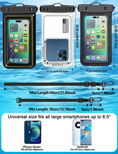 Waterproof Phone Pouch,2 Pack Black White Phone Waterproof Case,Cell Phone Dry Bag,Protection Level: IP68,Beach Cruise for Apple iPhone,Samsung,and More,Lanyard Included,(Fits Up to 8.3”),Black,White