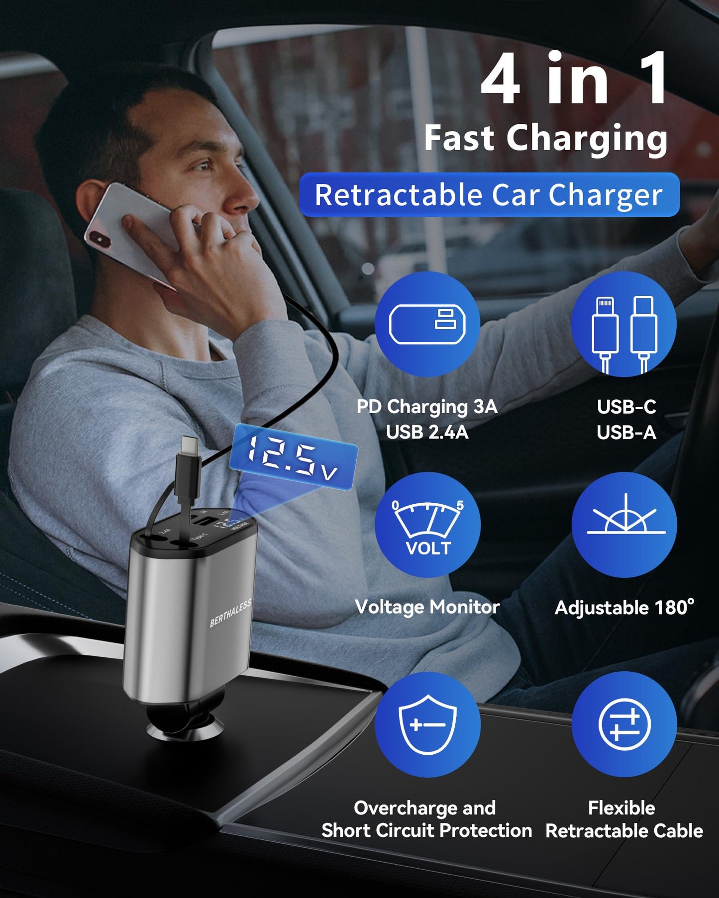 Retractable Car Charger, 4-in-1 Fast Charger with USB-C & USB-A
