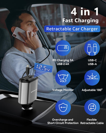 Retractable Car Charger, 4-in-1 Fast Charger with USB-C & USB-A