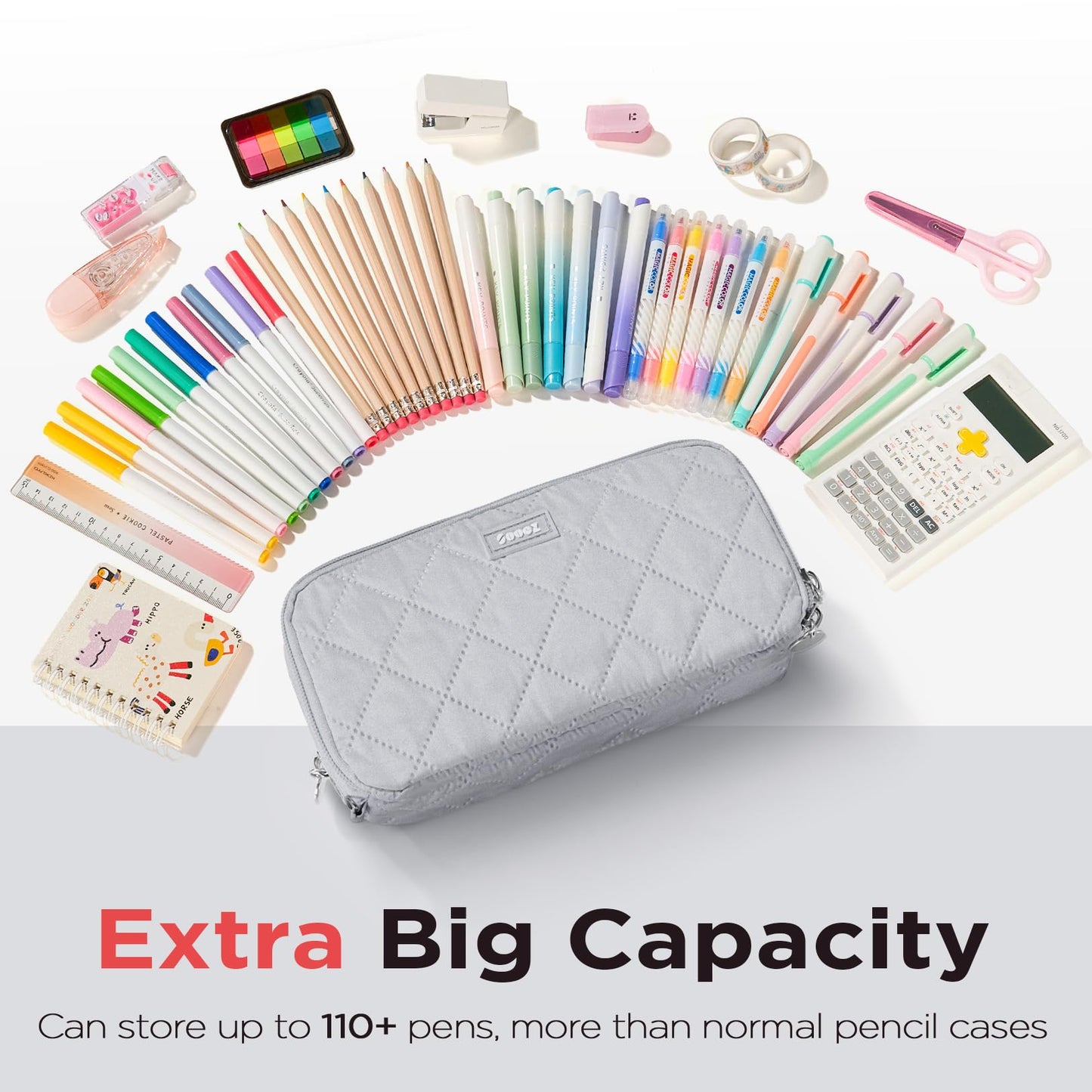 Sooez Large Pencil Case Pouch, Extra Big Pencil Bag with 8 Compartments, Pen Bag Wide Opening, Soft Quilted Pencil Pouch Organizer with Zipper, Portable Pencil Case for Teen Girls, Beige