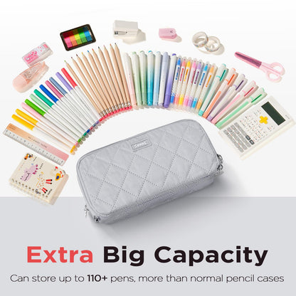 Sooez Large Pencil Case Pouch, Extra Big Pencil Bag with 8 Compartments, Pen Bag Wide Opening, Soft Quilted Pencil Pouch Organizer with Zipper, Portable Pencil Case for Teen Girls, Beige