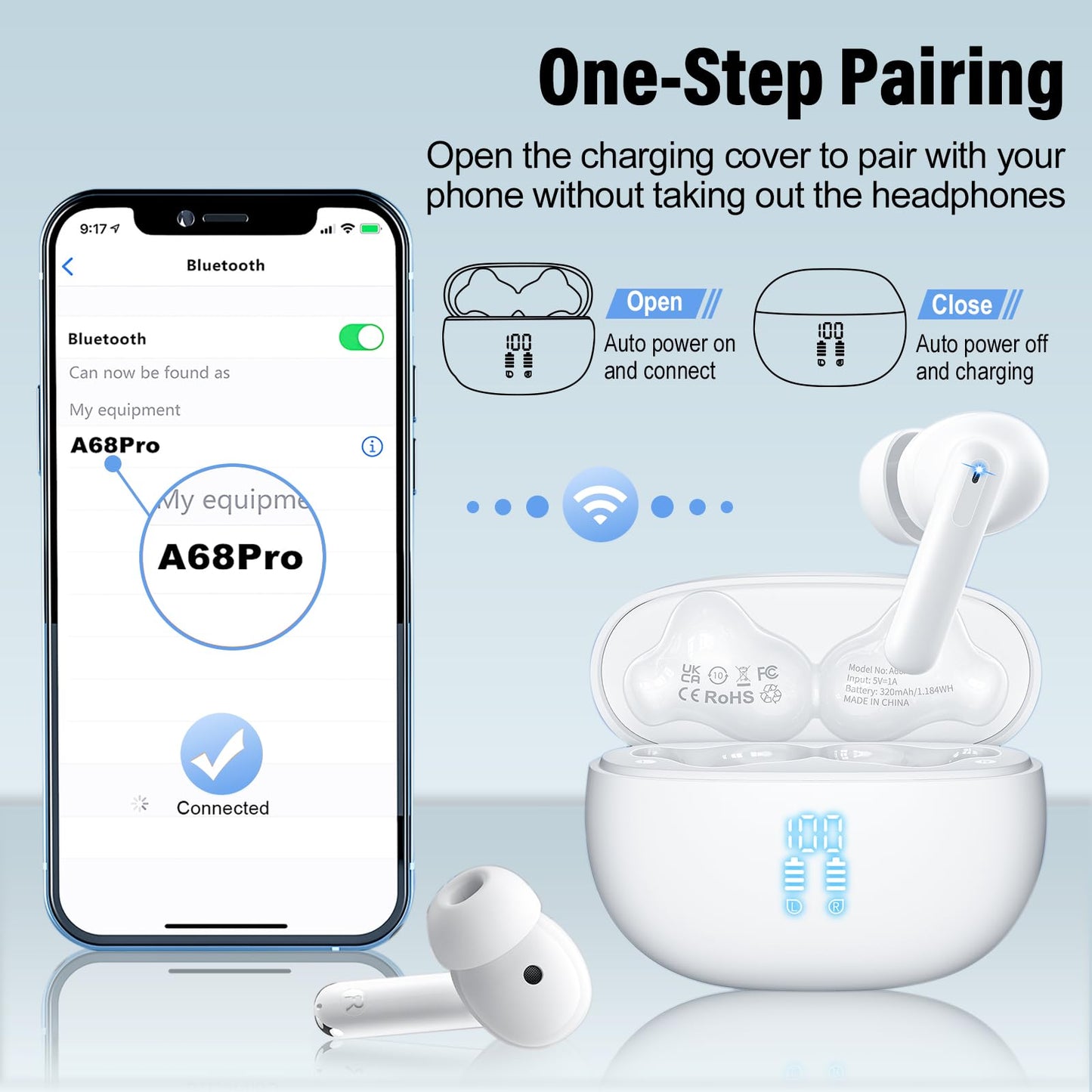 Wireless Earbuds, Bluetooth 5.4 Headphones Bass Stereo/Clear Calls, Black