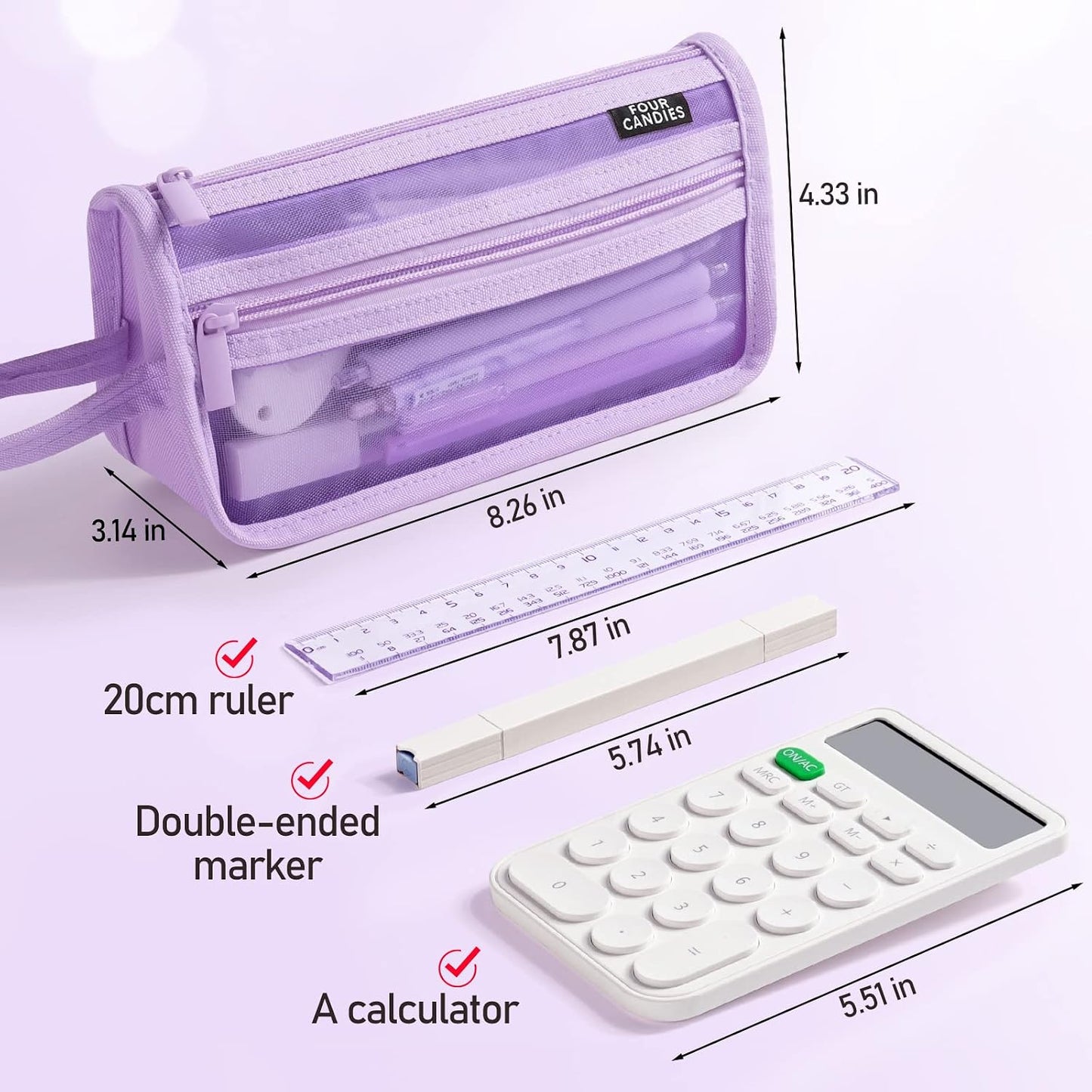 Four Candies Grid Mesh Pencil Case, Clear Double-layer with Handle (Purple)