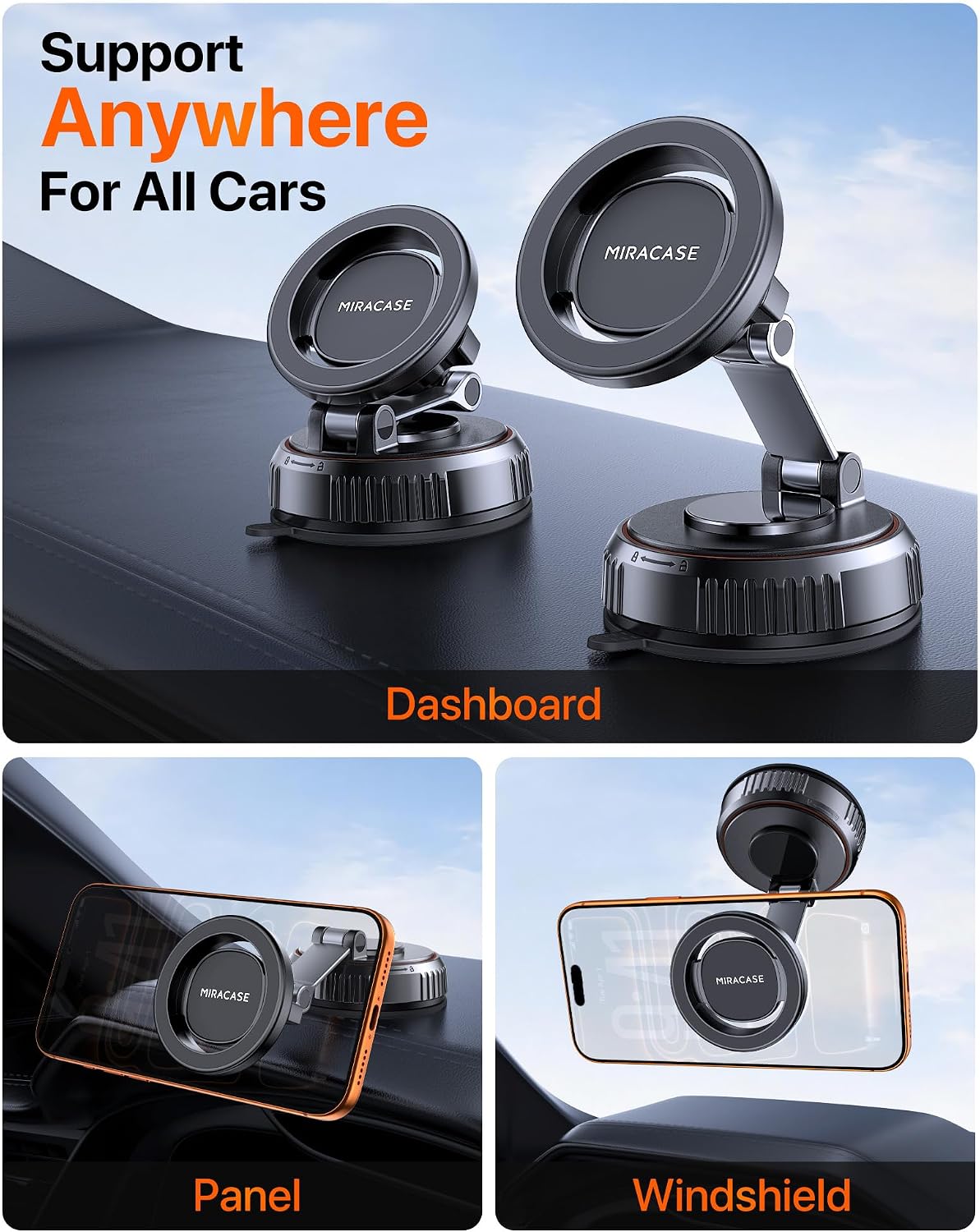 Miracase for MagSafe Car Mount[3800gf Strong Magnet & 90+LBS Suction Base]Magnetic Phone Holders for Your Car, 360° Adjustable Dashboard &Windshield Mount with Adhesive Suction Cup for All Smartphones