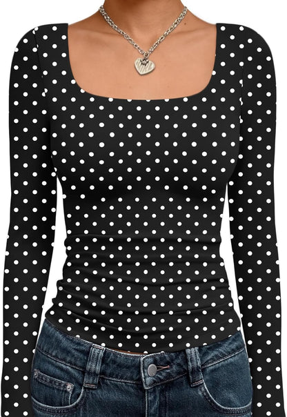 Trendy Queen Womens Square Neck Long Sleeve Shirts Double Lined Fall Tops