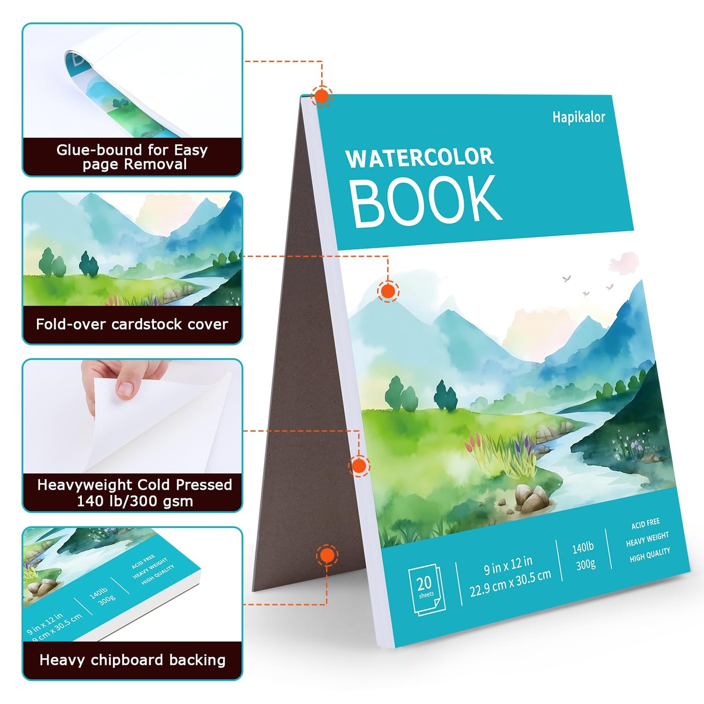 Hapikalor Watercolor Paper Pad, 9"x12" Water Color Paper, 140lb/300gsm Teal