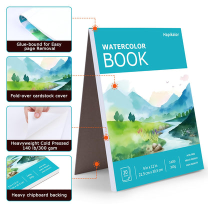 Hapikalor Watercolor Paper Pad, 9"x12" Water Color Paper, 140lb/300gsm Teal