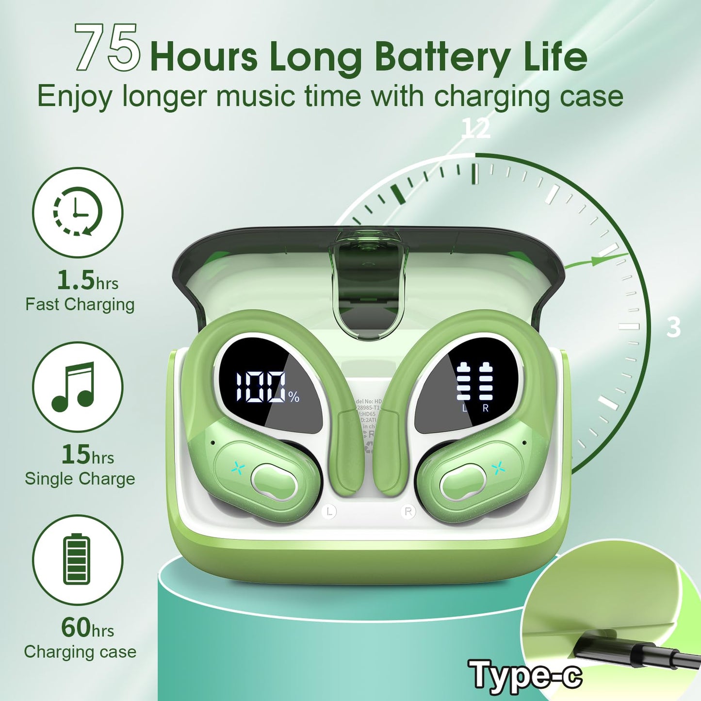 Wireless Earbuds 75H Bluetooth 5.4 Sport Headphones with Earhooks, Black
