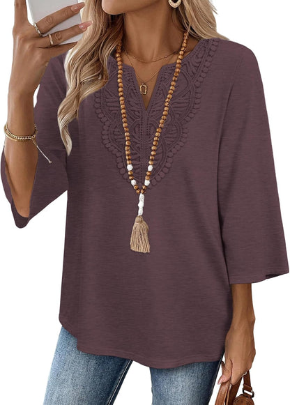WIHOLL 3/4 Length Sleeve Womens Tops Boho V Neck Lace Shirt Trendy Blouses Dressy Casual Vacation Clothes S-3XL