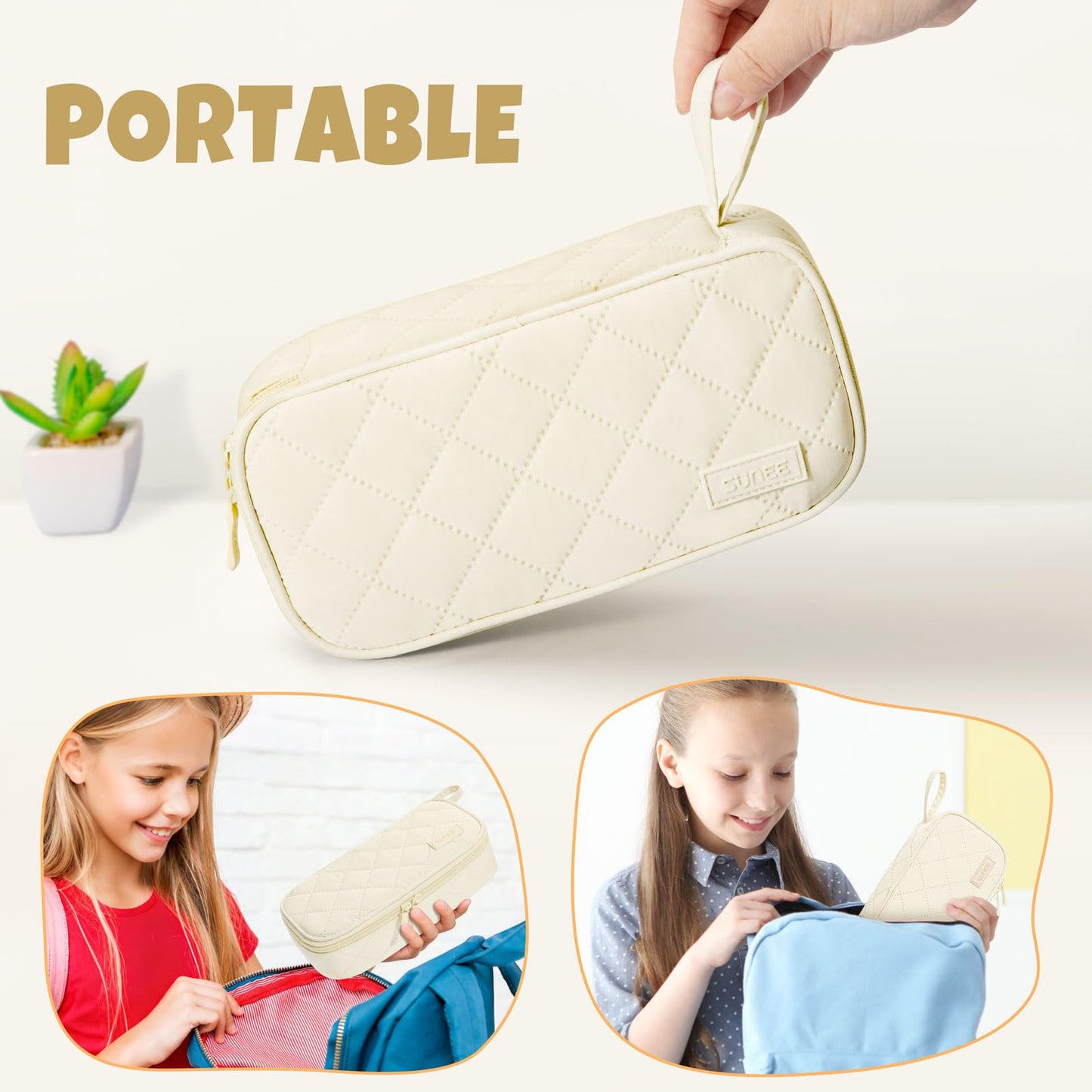 SUNEE Cute Pencil Case, Soft Corduroy Large Capacity Pencil Pouch, Aesthetic Zipper Pencil Bag, Big Storage Pen Organizer for Stationery, Pencil Box Back to School Supplies for Teen Girls Boys, Beige