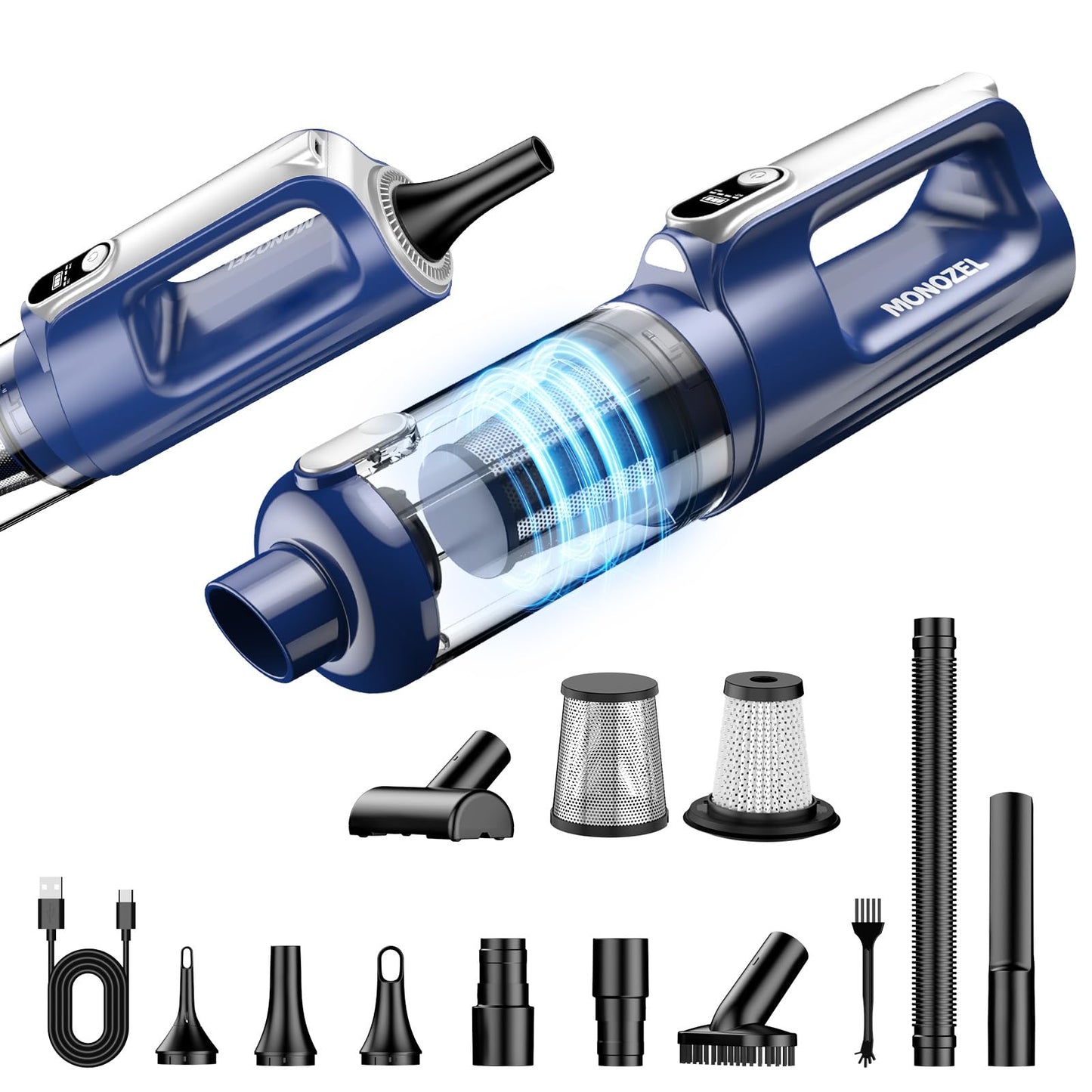 MONOZEL Car Vacuum Portable Cordless, 18000Pa 2 in 1 Vacuum Cleaner&Air Duster, 130W Brushless Motor Handheld Vacuum Cordless with 7800mAh Battery, LED Light, Multi-Nozzles for Car, Home, Office, Pet