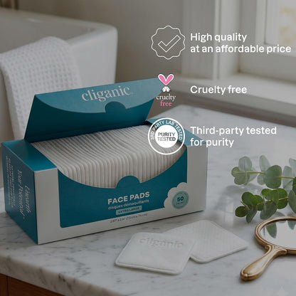 Cliganic Extra Large Face Pads (100 Count) - Soft, Extra Absorbent, Ultra Durable, Hypoallergenic, For Makeup, Nail Polish & Daily Buildup Removal, Toner & Cleanser Application, Dual Sided & Lint-Free