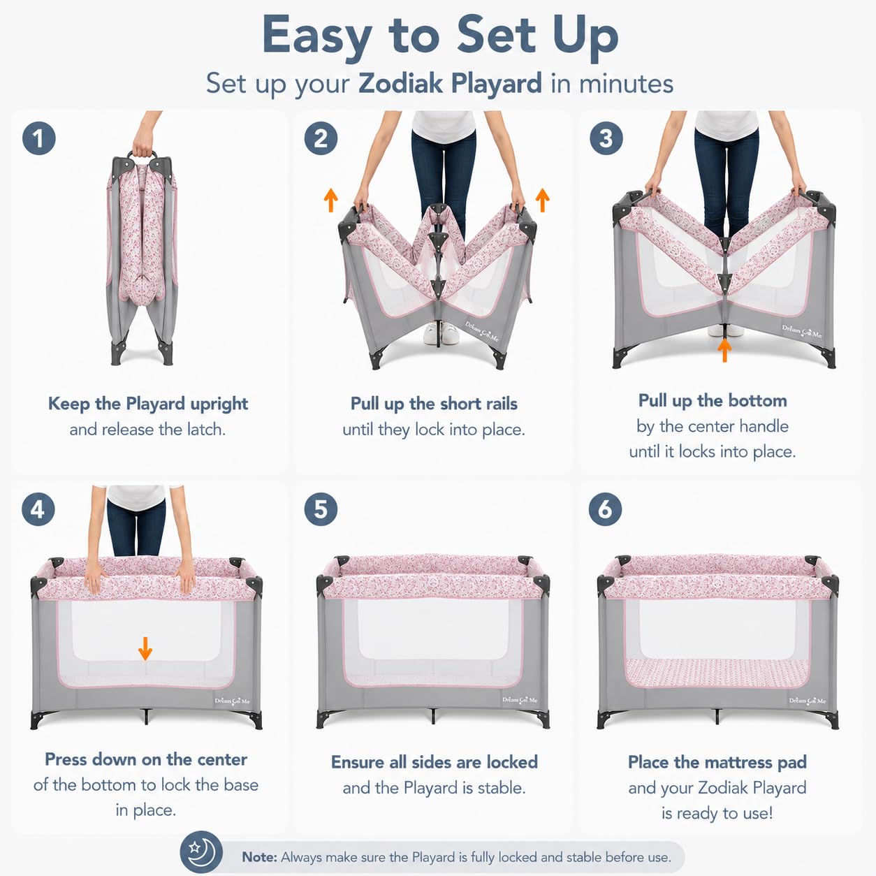 Dream On Me Zodiak Portable Playard, Compact for Travel, Carry Bag, Gray & Pink