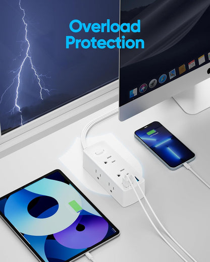 Olcorife Flat Plug Power Strip with 5 FT Extension Cord, 6 Outlets 3 USB Ports(1 USB C), 3 Sided Outlet Extender for Home Office Travel Dorm Room Essentials, White