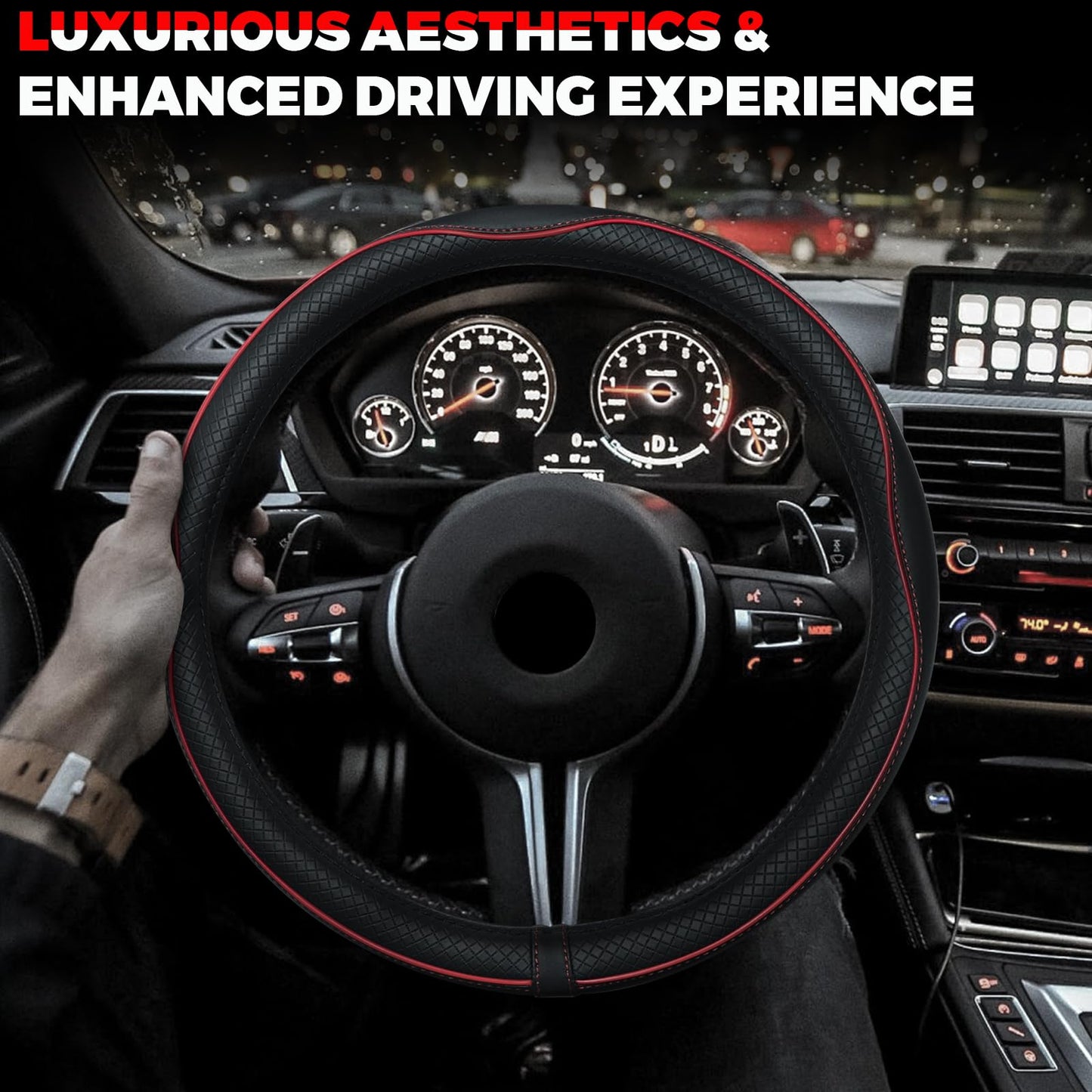 Ouzorp Car Steering Wheel Cover, Microfiber Leather Steering Wheel Covers with Anti-Slip Lining, Universal 14.5-15 inchs Black