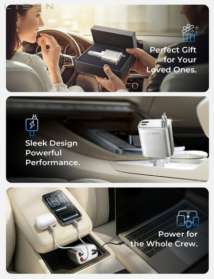 LISEN Retractable Car Charger, 84W Car Charger USB C Fast Charge, 4 in 1