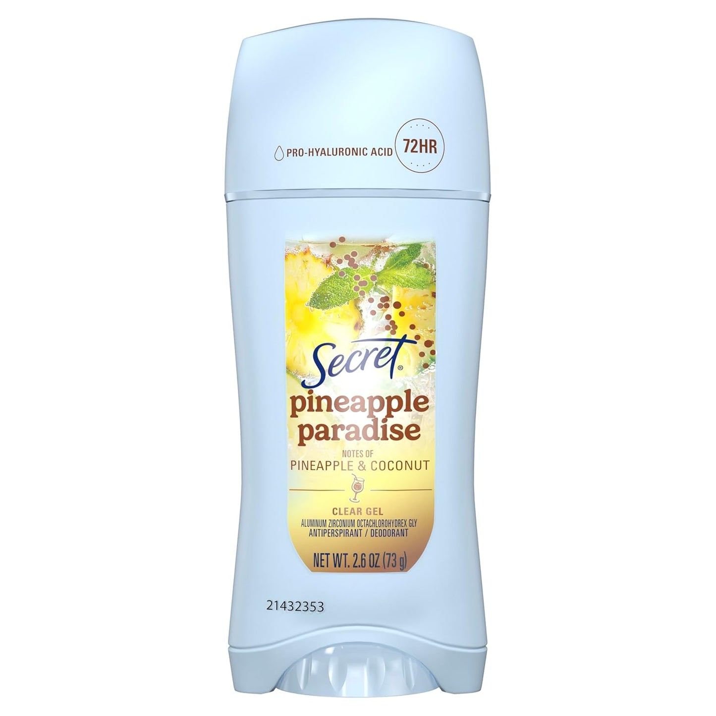 Secret Fresh Antiperspirant Deodorant for Women, 72hr Freshness on the Rocks with Pro-Hyaluronic Acid, Miami Mocktails Edition, Clear Gel, Pineapple Paradise with Pineapple & Coconut Scent, 2.6 oz