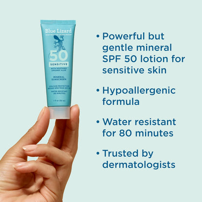 Blue Lizard Sensitive Mineral SPF 50 Sunscreen Lotion, 100% Mineral Sunscreen, UVA/UVB Protection, Infused with organic Aloe Vera, Soothes and Hydrates, 5 fl oz