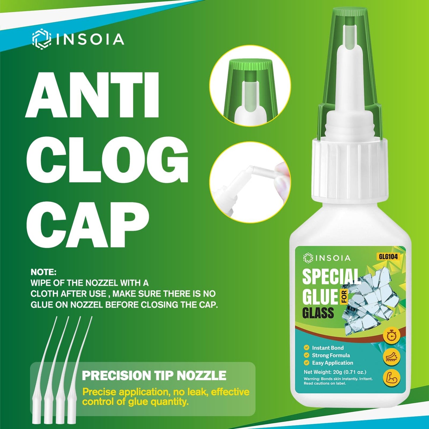 INSOIA Super Medium CA Glue, 20g, Strong Bond, with Precision Tips