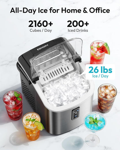 EUHOMY Ice Maker Countertop, 9 Cubes Ready in 6 Mins, 26lbs/24H, Self-Cleaning, Portable Ice Maker Machine with Carry Handle, Basket and Scoop, 2 Sizes of Bullet Ice for Home, Kitchen, Office
