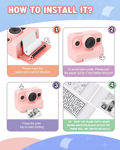 Dylanto Kids Camera Instant Print,1080P Kids Instant Cameras that Print Photos,Christmas Birthday Gifts for Girls Age 3-12,Portable Toy for 3 4 5 6 7 8 9 10 Year Old Girls Boys Pink